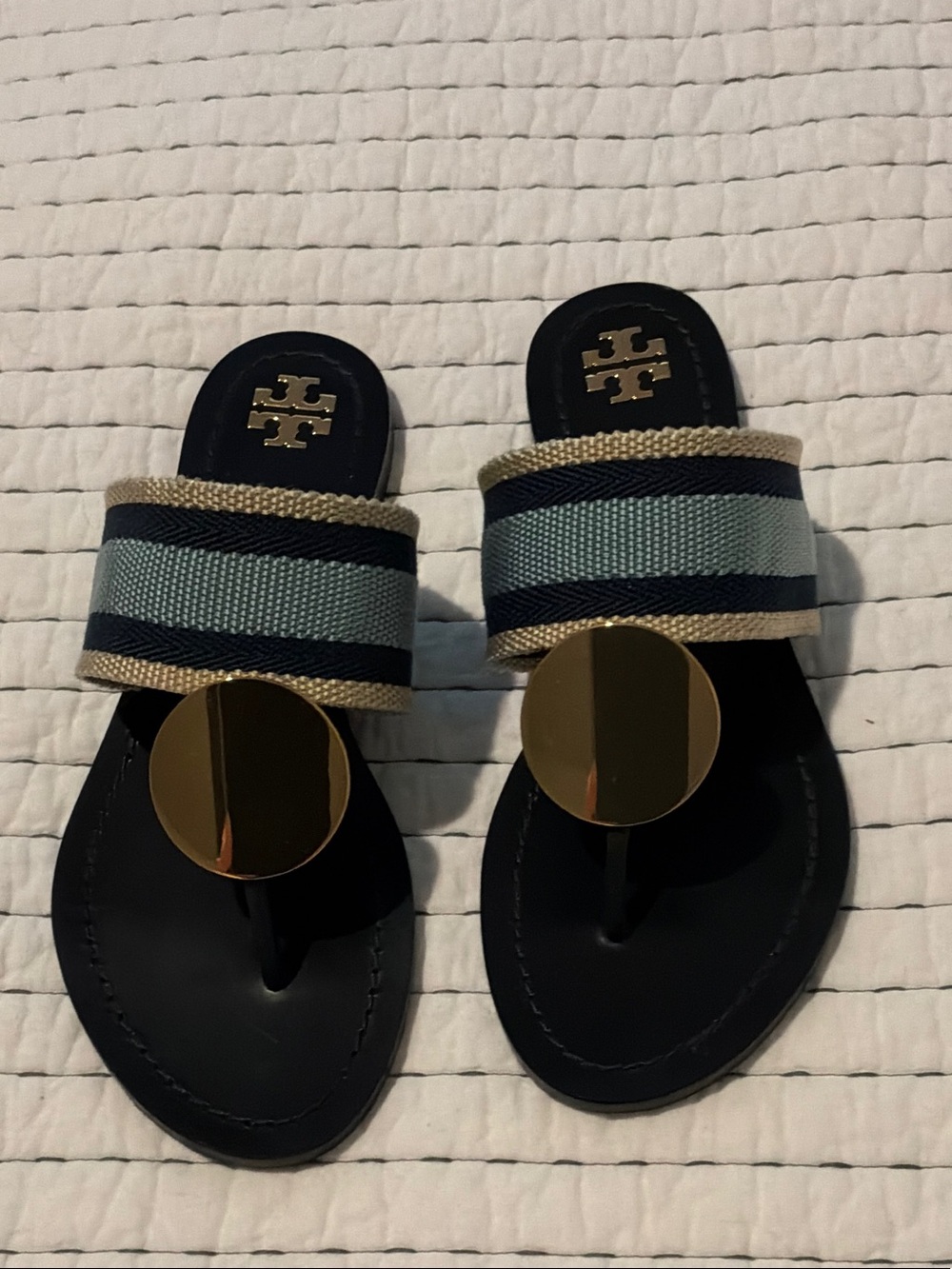 Tory Burch Navy and Light Blue Striped Miller Thong Sandals with Gold Disc